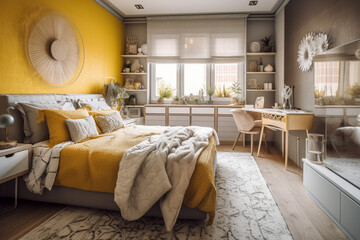 Obraz premium Modern bedroom with cozy bed, luxury interior design