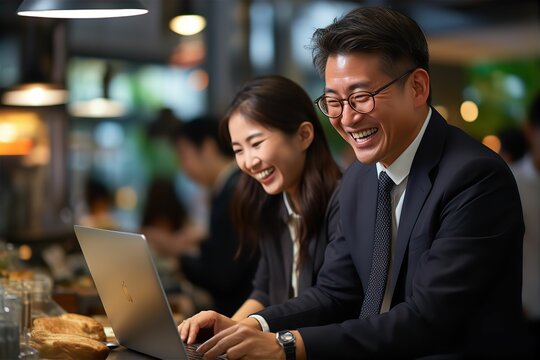同僚と一緒にパソコン作業をする日本人の男性ビジネスマンのポートレート写真（サラリーマン・スーツ）