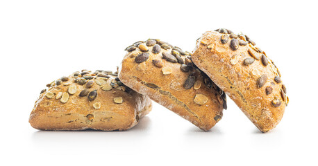 Whole grain bun with pumpkin seeds isolated on white background.