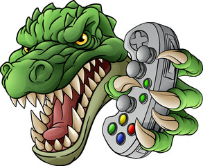 Obraz premium A crocodile, dinosaur or alligator lizard gamer sports video game gaming mascot holding a games controller