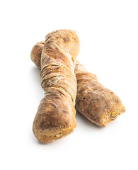 Wholegrain rustical baguette isolated on white background.