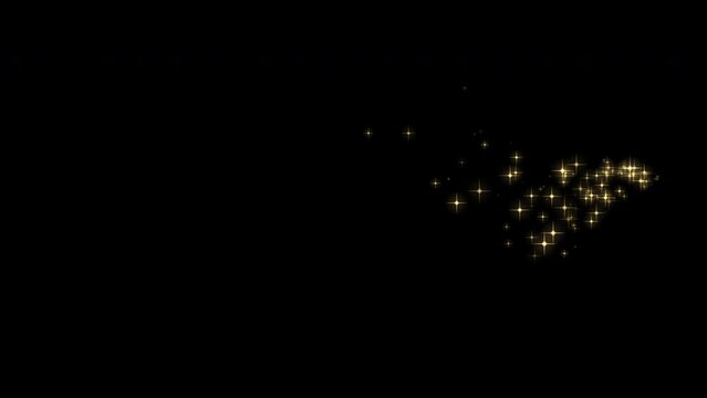 Magic dust, sparkles trail, gold glittering stars trail moving horizontally from left to right on black background.