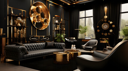 Interior Design Black And Gold Theme, Generative AI