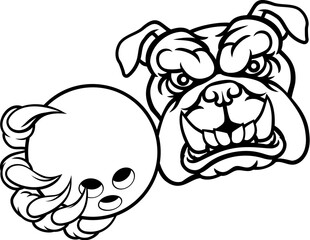A bulldog dog animal sports mascot holding bowling ball