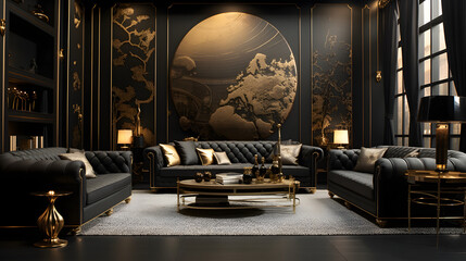 Interior Design Black And Gold Theme, Generative AI
