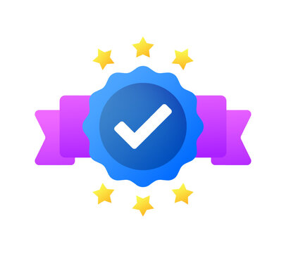 Medal icon with a check mark. Flat, color, medal with stars, checkmark in a circle, medal icon. Vector icon