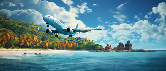 Airplane Flying Low Over a Tropical Beach