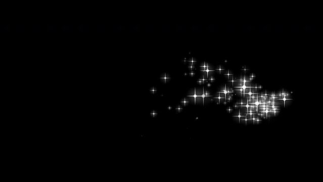 White simple sparkles trail, glittering stars trail moving horizontally from left to right on black background.
