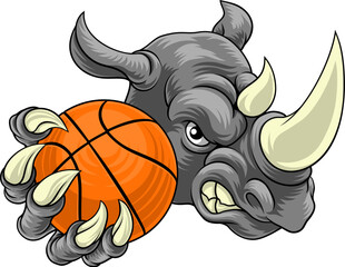 A Rhino Rhinoceros mean tough cartoon sports animal mascot holding a basketball ball