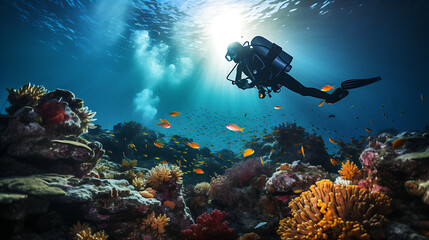 Fototapeta na wymiar Man Exploring Colorful Coral Reef in Scuba Gear