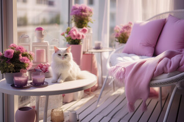 Cozy glamour balcony with cat. Modern interior design