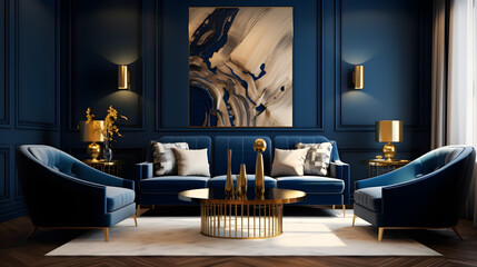 Interior Design Gold And Navy Blue Theme, Generative AI