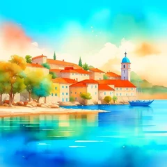 Rolgordijnen Beautiful European town on summer sea coast illustration. Natural panoramic landscape view sky, water, city houses, ships and boats amazing seascape. © marylooo