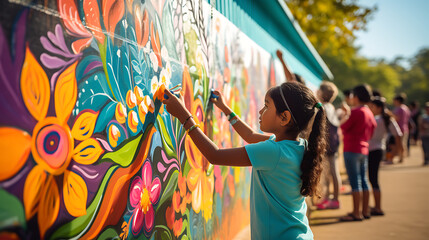 Group of Children Painting a Mural on a Wall