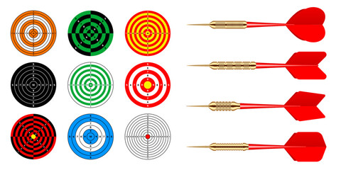 Paper targets with dart arrows. Shooting range round target, divisions, marks and numbers. Gun shooting practise and training, sport competition, hunting. Bullseye and aim. Vector illustration