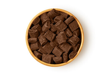 Chocolate nuggets in wooden bowl on white background