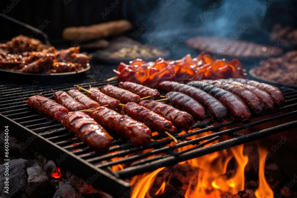 Sticker smoke pouring off of barbecue with sausages