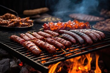 smoke pouring off of barbecue with sausages