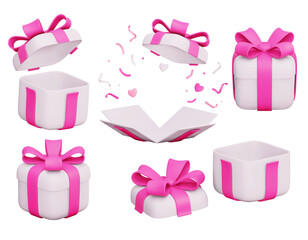 Set of 3d vector gift boxes, open and closed with pink ribbon bow. Flying holiday surprise box with poppers and hearts. Festive presents. For advertising banners, birthday cards. Isolated 3d render