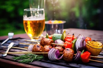 outdoor grilling with beer and onion sausages on skewers - obrazy, fototapety, plakaty