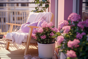 Fototapeta na wymiar Cozy glamour balcony with pink flowers.. Modern interior design