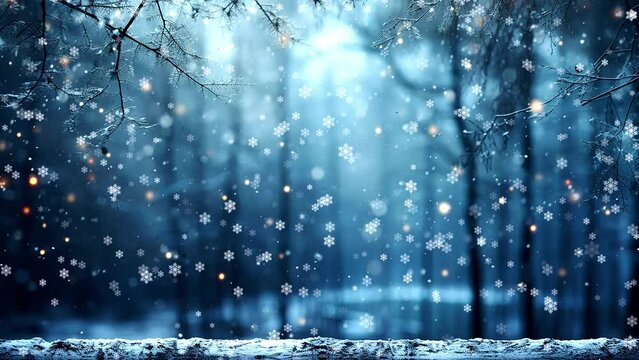 New Year's Christmas video screensaver with a view of a winter forest and stylized snowfall with beautiful snowflakes.