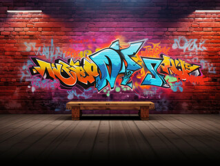 Wooden bench with graffiti brick wall background for product showcase 