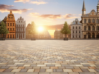 Brick plaza with small city background for product showcase - obrazy, fototapety, plakaty