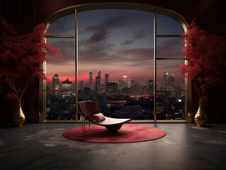 Chair in abstract red room with city backdrop for product showcase - obrazy, fototapety, plakaty