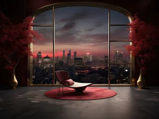 Rolgordijnen Chair in abstract red room with city backdrop for product showcase © RDO