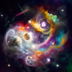 a colorful and cosmic illustration featuring a swirling galaxy with planets stars and clouds of bright colorful gasses The overall design should be balanced and dynamic bright and vibrant 3d digital 