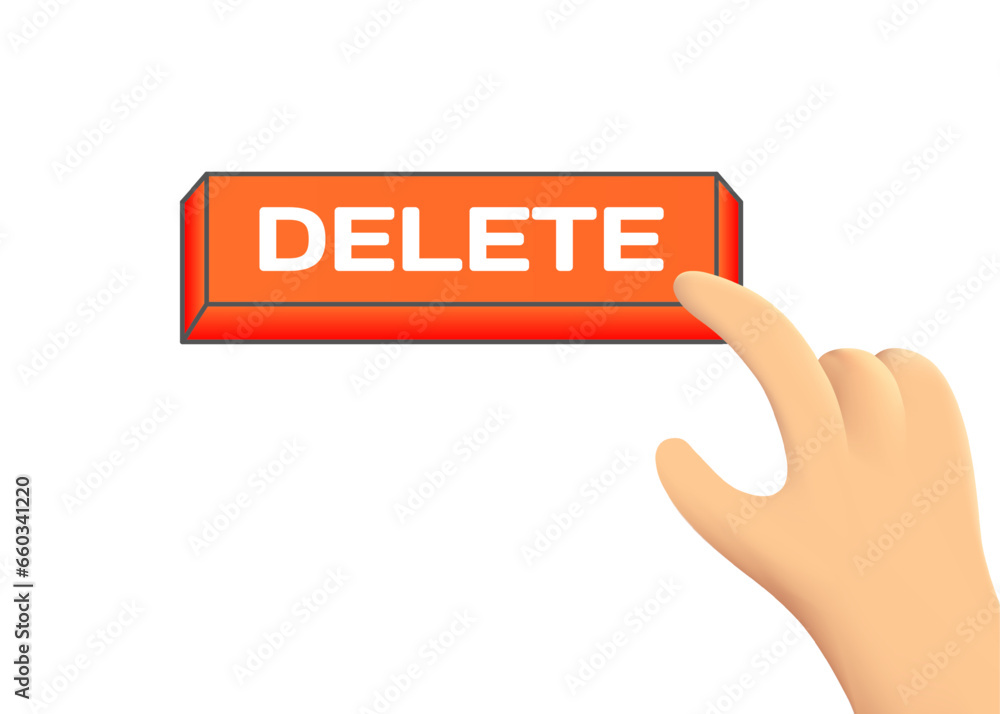 Poster delete button. flat, red, hand on the button, delete button. vector icon