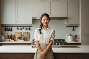 Asian woman chef in minimal kitchen homemade concept