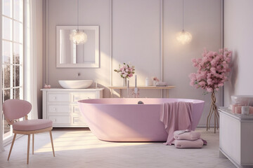 Fototapeta na wymiar Cozy glamour bathroom with pink colors.. Modern interior design