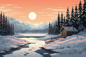 Illustration of a cabin in snowy winter. Generative AI