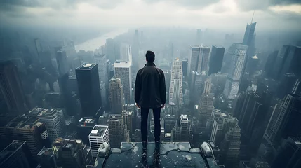 Foto op Plexiglas Man Standing on Skyscraper Rooftop © L