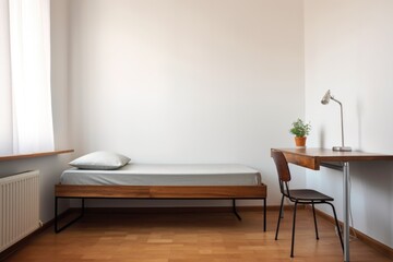 a single bed in a room with minimalist furniture and a desk