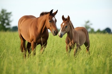 a pair of foal horses grazing together in the grass