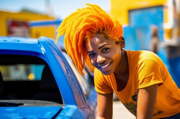 Woman summer car wash. Smiling female person at sunny day. Generate Ai