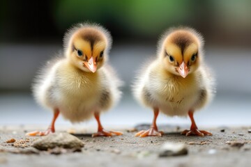 two ducklings appearing to squabble over breadcrumbs - obrazy, fototapety, plakaty