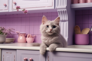 Fototapeta na wymiar Cozy glamour kitchen with pink colors and cat. Modern interior design