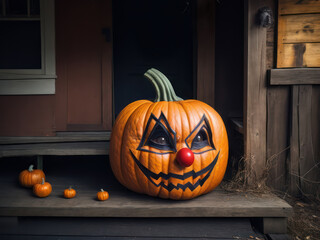 Obraz premium Scarry Halloween pumpkin monster on an old house porch