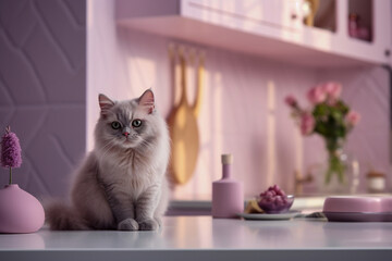 Cozy glamour kitchen with pink colors and cat. Modern interior design