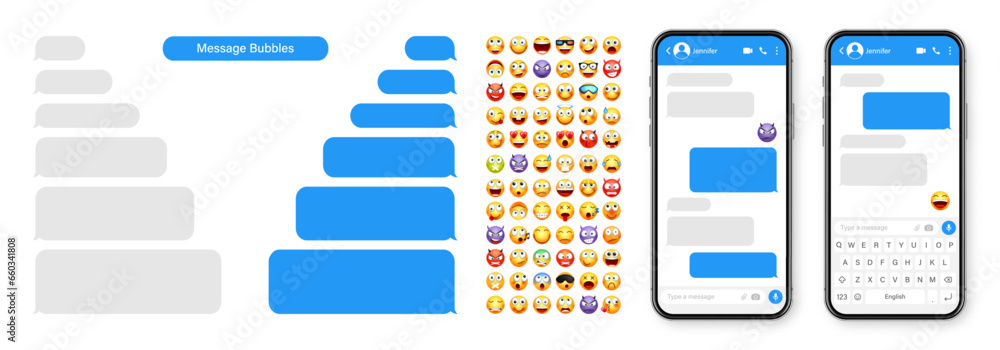 Poster smartphone messaging app, user interface design with emoji. sms text frame. chat screen with blue me