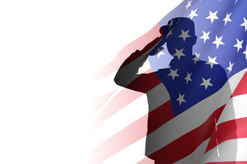 Silhouette of soldier with USA flag isolated on white background. EPS10 vector