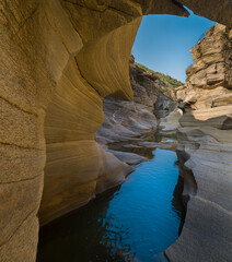 Tasyaran Valley Nature Park.  The view of the fantastic stone formations in the canyon in the morning light.  Important natural parks and valleys of Turkey. Usak city