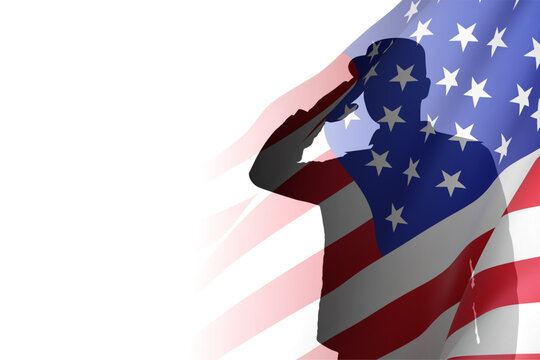 Silhouette of soldier with USA flag isolated on white background. EPS10 vector