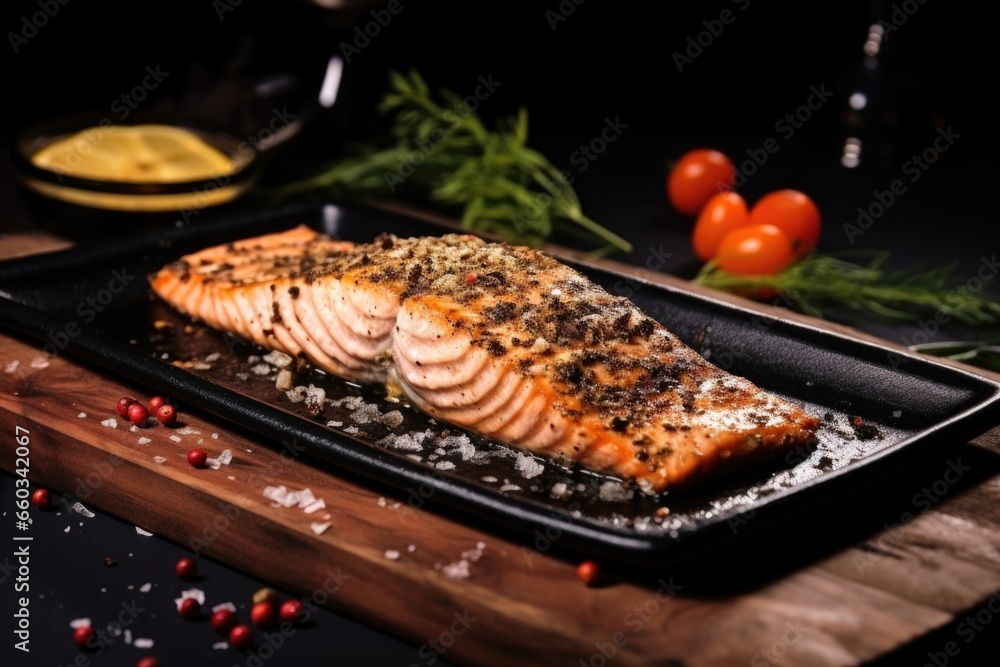 Poster baked salmon steak adorned with black pepper flakes