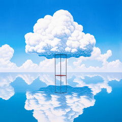 Nature's Artistry: A serene reflection of a cloud on a tranquil lake, framed by wooden sticks.