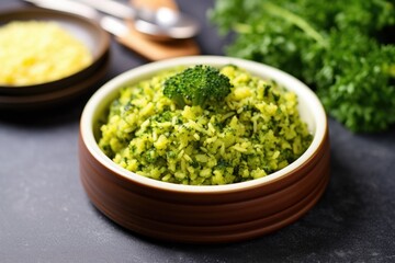 broccoli rice garnished with a sprig of thyme
